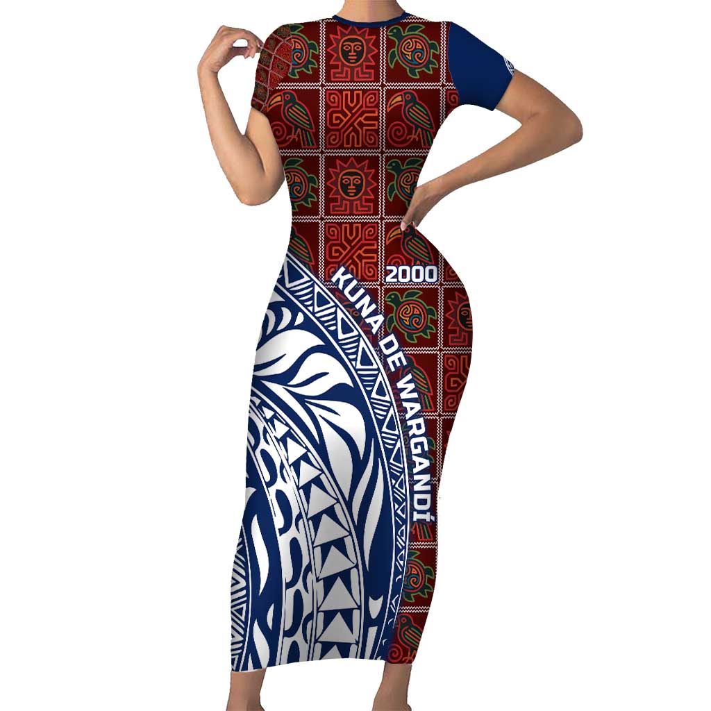 Indigenous Regions of Panama Guna de Wargandí Short Sleeve Bodycon Dress with Tribal Pattern and Blue White Nature and People - Wonder Print Shop