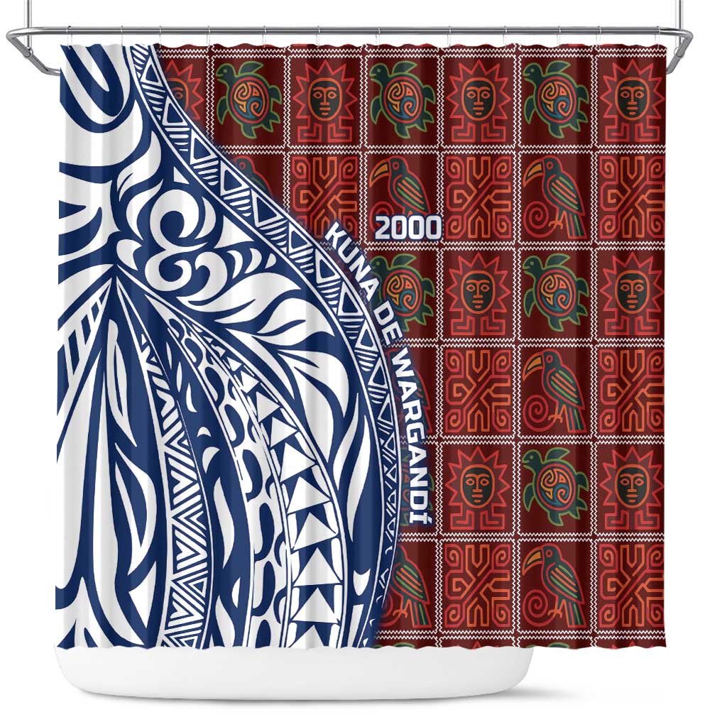 Indigenous Regions of Panama Guna de Wargandí Shower Curtain with Tribal Pattern and Blue White Nature and People - Wonder Print Shop
