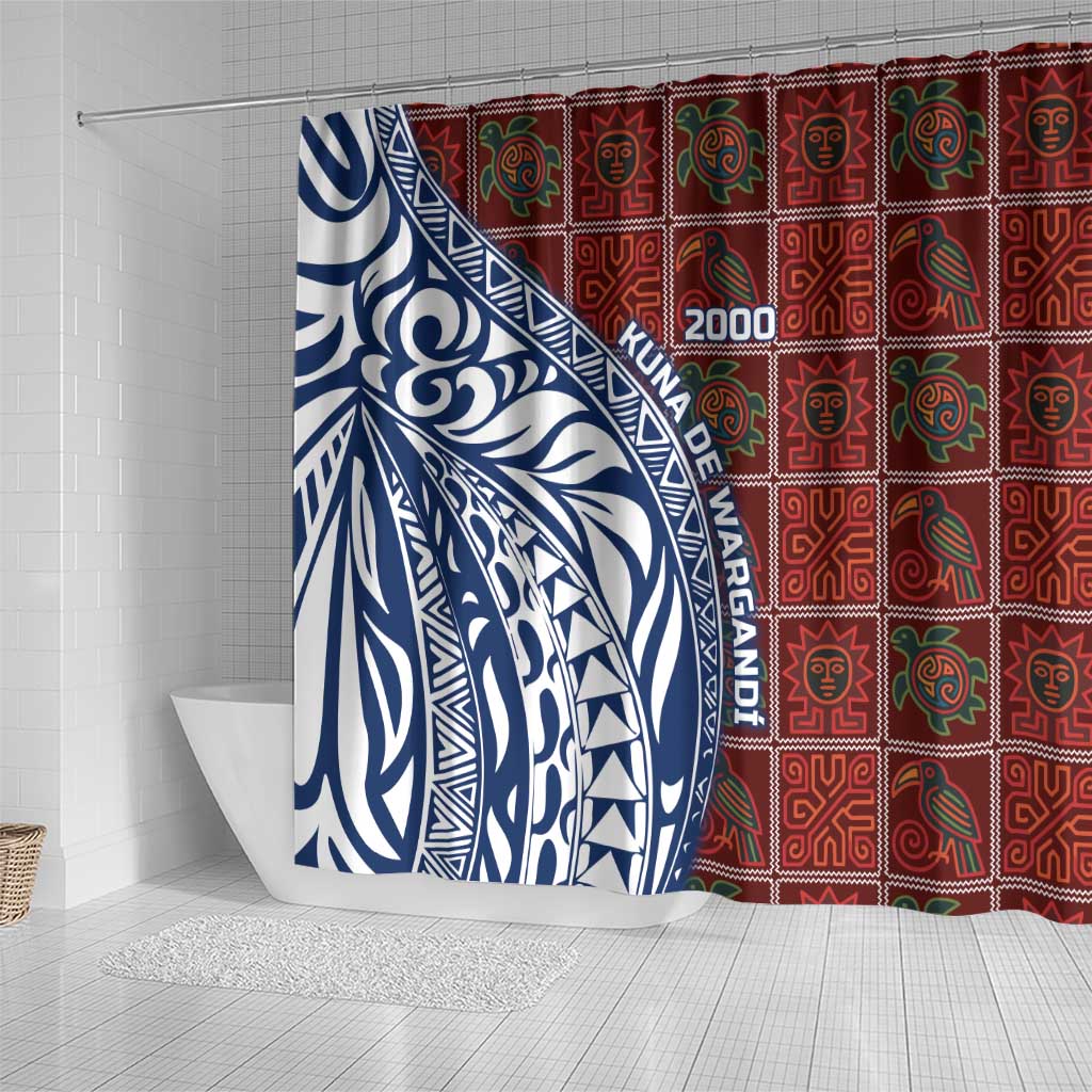 Indigenous Regions of Panama Guna de Wargandí Shower Curtain with Tribal Pattern and Blue White Nature and People - Wonder Print Shop