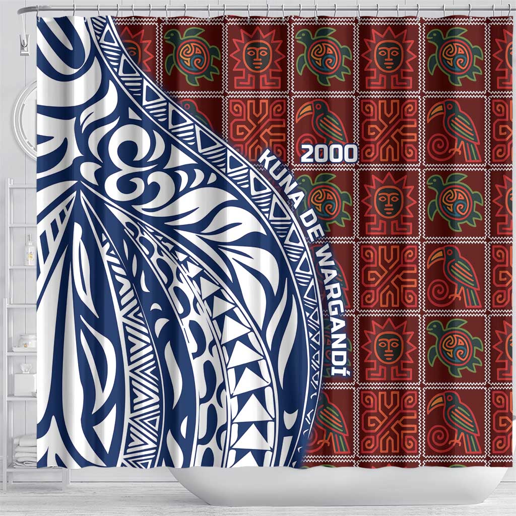 Indigenous Regions of Panama Guna de Wargandí Shower Curtain with Tribal Pattern and Blue White Nature and People - Wonder Print Shop