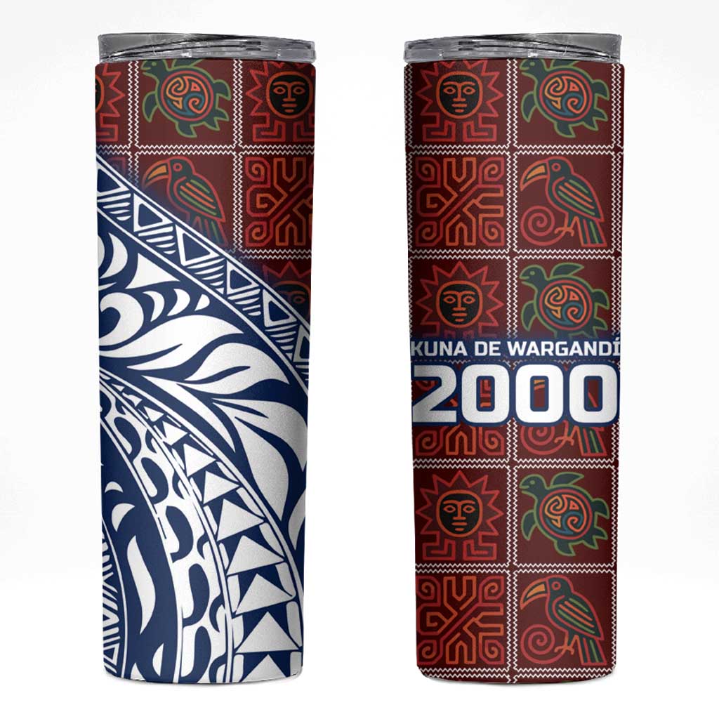 Indigenous Regions of Panama Guna de Wargandí Skinny Tumbler with Tribal Pattern and Blue White Nature and People - Wonder Print Shop