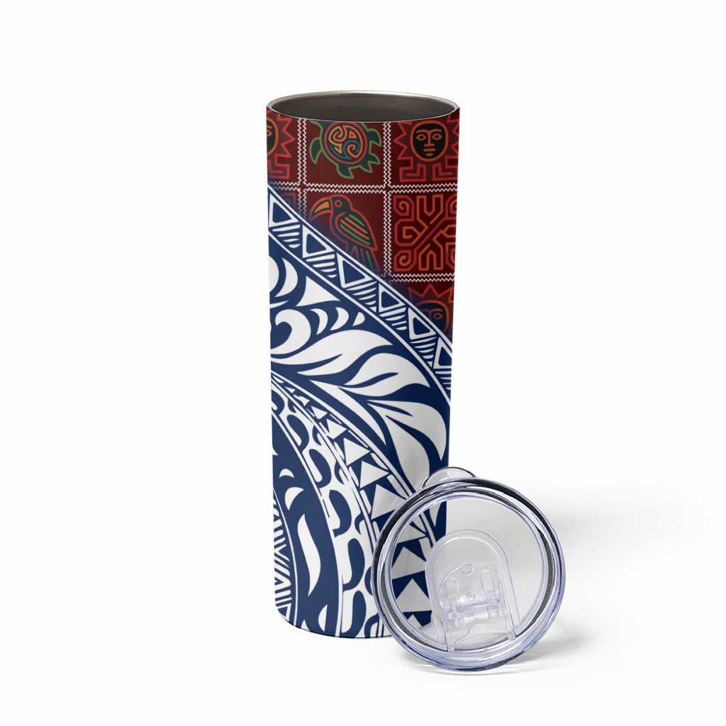 Indigenous Regions of Panama Guna de Wargandí Skinny Tumbler with Tribal Pattern and Blue White Nature and People - Wonder Print Shop