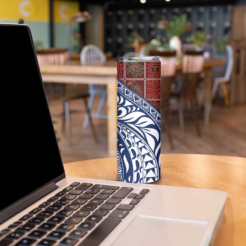Indigenous Regions of Panama Guna de Wargandí Skinny Tumbler with Tribal Pattern and Blue White Nature and People - Wonder Print Shop