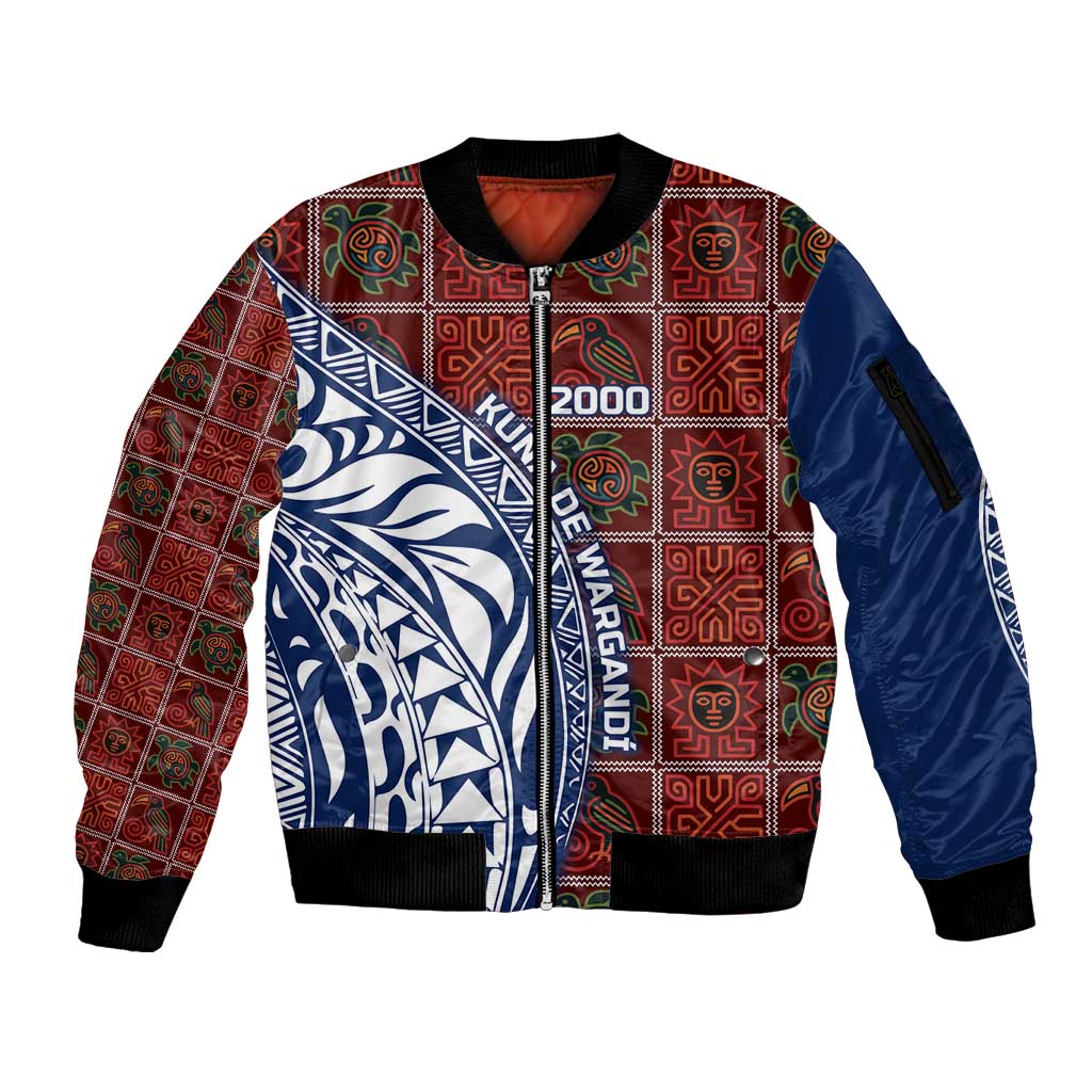 Indigenous Regions of Panama Guna de Wargandí Sleeve Zip Bomber Jacket with Tribal Pattern and Blue White Nature and People - Wonder Print Shop