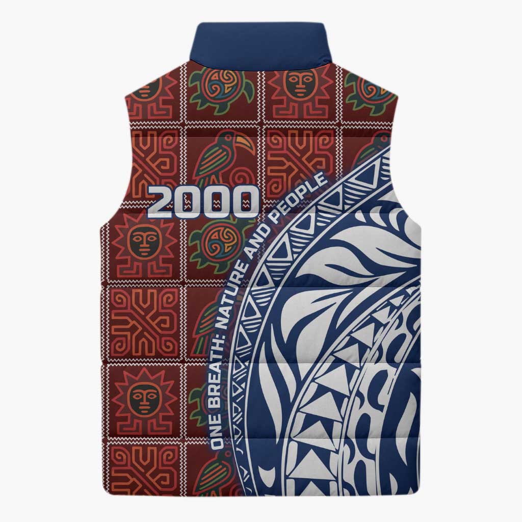 Indigenous Regions of Panama Guna de Wargandí Sleeveless Puffer Jacket with Tribal Pattern and Blue White Nature and People - Wonder Print Shop