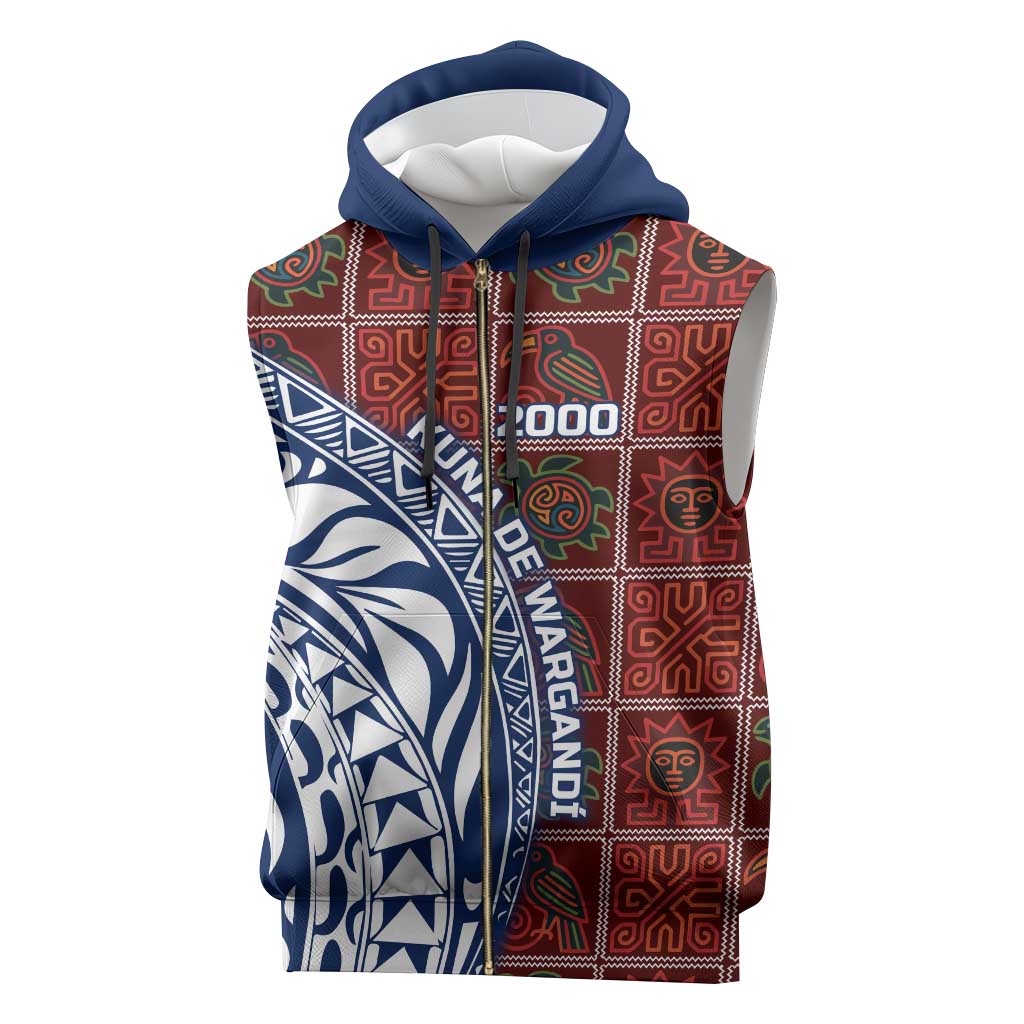 Indigenous Regions of Panama Guna de Wargandí Sleeveless Zip Hoodie with Tribal Pattern and Blue White Nature and People - Wonder Print Shop