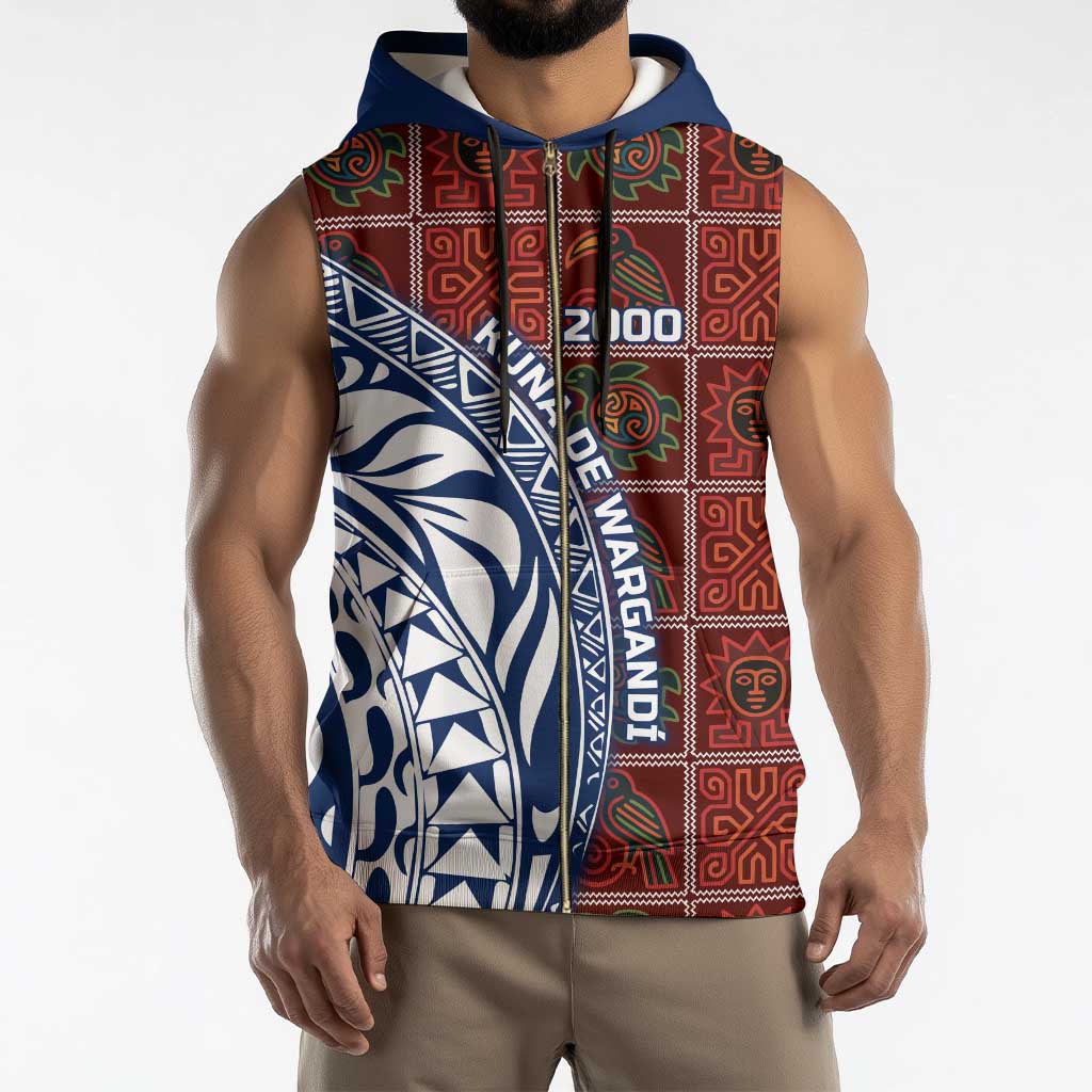 Indigenous Regions of Panama Guna de Wargandí Sleeveless Zip Hoodie with Tribal Pattern and Blue White Nature and People - Wonder Print Shop