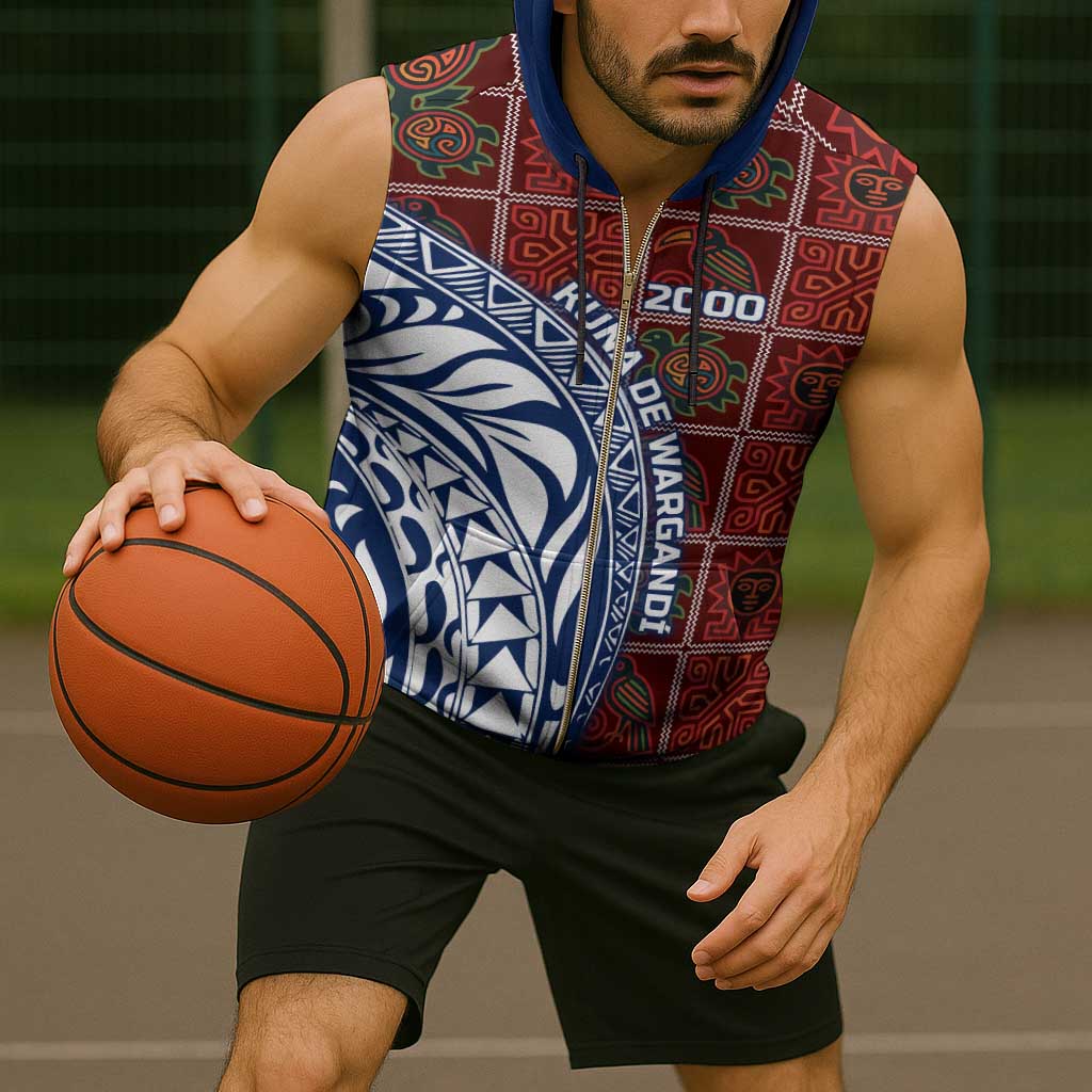 Indigenous Regions of Panama Guna de Wargandí Sleeveless Zip Hoodie with Tribal Pattern and Blue White Nature and People - Wonder Print Shop