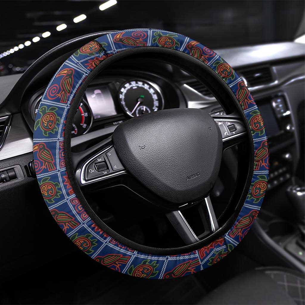 Indigenous Regions of Panama Guna de Wargandí Steering Wheel Cover with Tribal Pattern and Blue White Nature and People - Wonder Print Shop