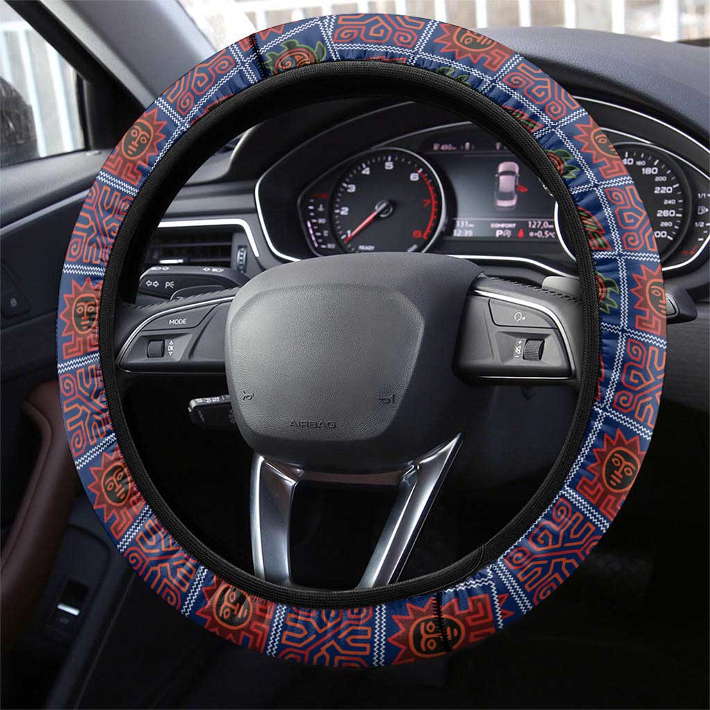 Indigenous Regions of Panama Guna de Wargandí Steering Wheel Cover with Tribal Pattern and Blue White Nature and People - Wonder Print Shop
