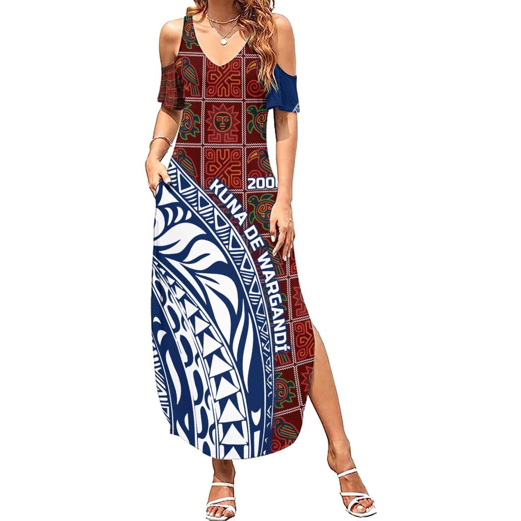 Indigenous Regions of Panama Guna de Wargandí Summer Maxi Dress with Tribal Pattern and Blue White Nature and People - Wonder Print Shop