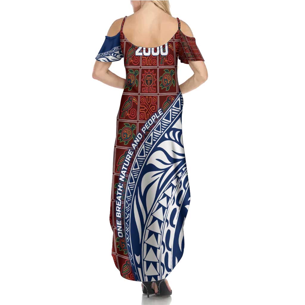 Indigenous Regions of Panama Guna de Wargandí Summer Maxi Dress with Tribal Pattern and Blue White Nature and People - Wonder Print Shop