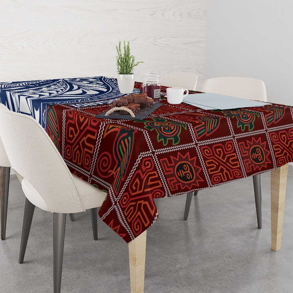 Indigenous Regions of Panama Guna de Wargandí Tablecloth with Tribal Pattern and Blue White Nature and People - Wonder Print Shop