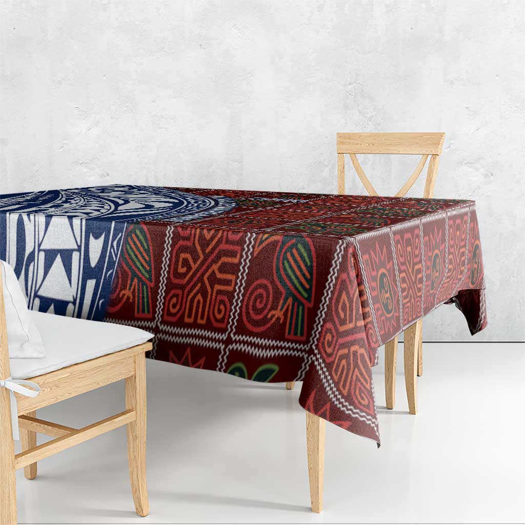 Indigenous Regions of Panama Guna de Wargandí Tablecloth with Tribal Pattern and Blue White Nature and People - Wonder Print Shop