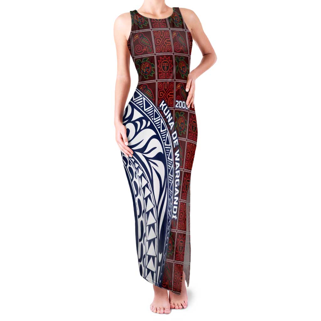 Indigenous Regions of Panama Guna de Wargandí Tank Maxi Dress with Tribal Pattern and Blue White Nature and People - Wonder Print Shop