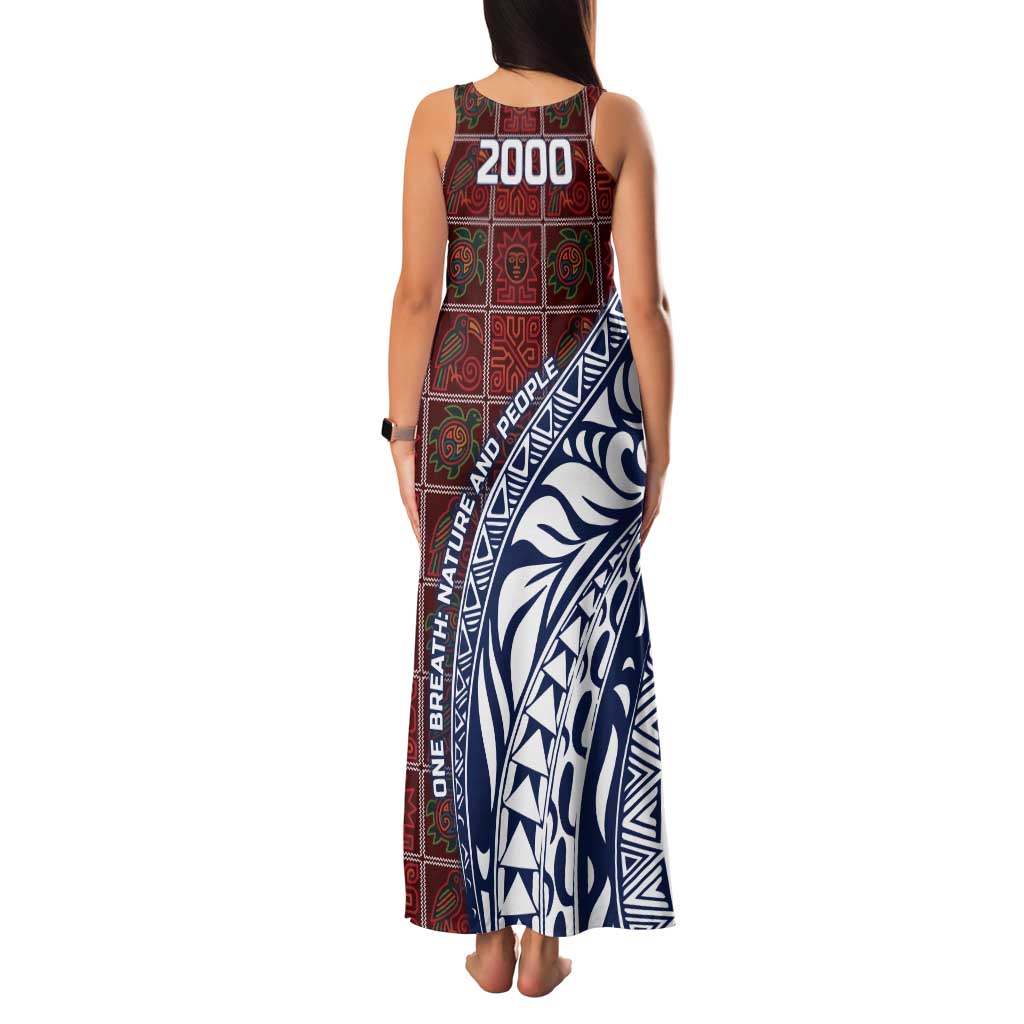 Indigenous Regions of Panama Guna de Wargandí Tank Maxi Dress with Tribal Pattern and Blue White Nature and People - Wonder Print Shop