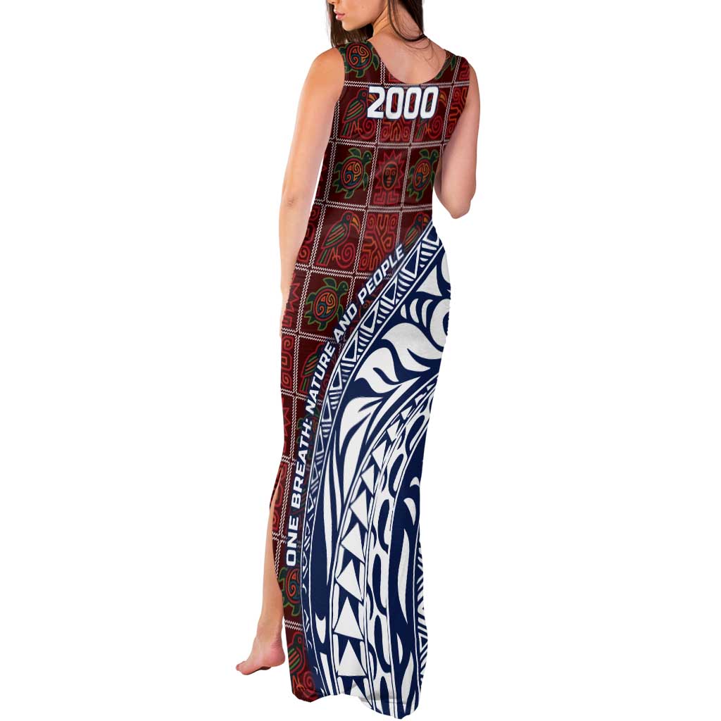Indigenous Regions of Panama Guna de Wargandí Tank Maxi Dress with Tribal Pattern and Blue White Nature and People - Wonder Print Shop