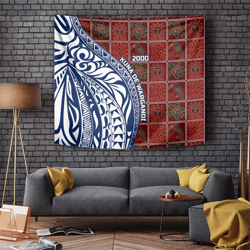 Indigenous Regions of Panama Guna de Wargandí Tapestry with Tribal Pattern and Blue White Nature and People - Wonder Print Shop