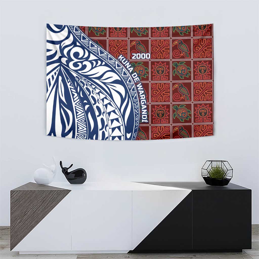 Indigenous Regions of Panama Guna de Wargandí Tapestry with Tribal Pattern and Blue White Nature and People - Wonder Print Shop