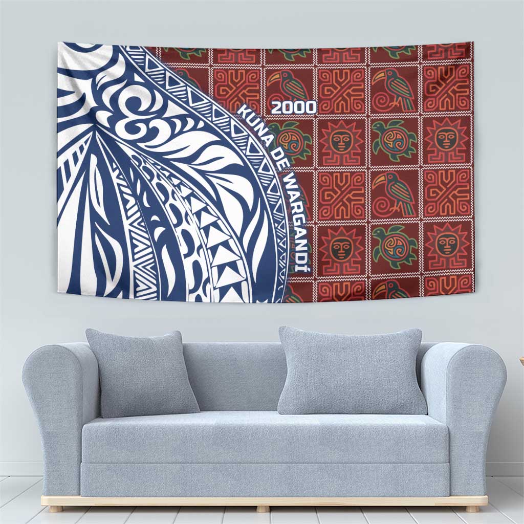 Indigenous Regions of Panama Guna de Wargandí Tapestry with Tribal Pattern and Blue White Nature and People - Wonder Print Shop
