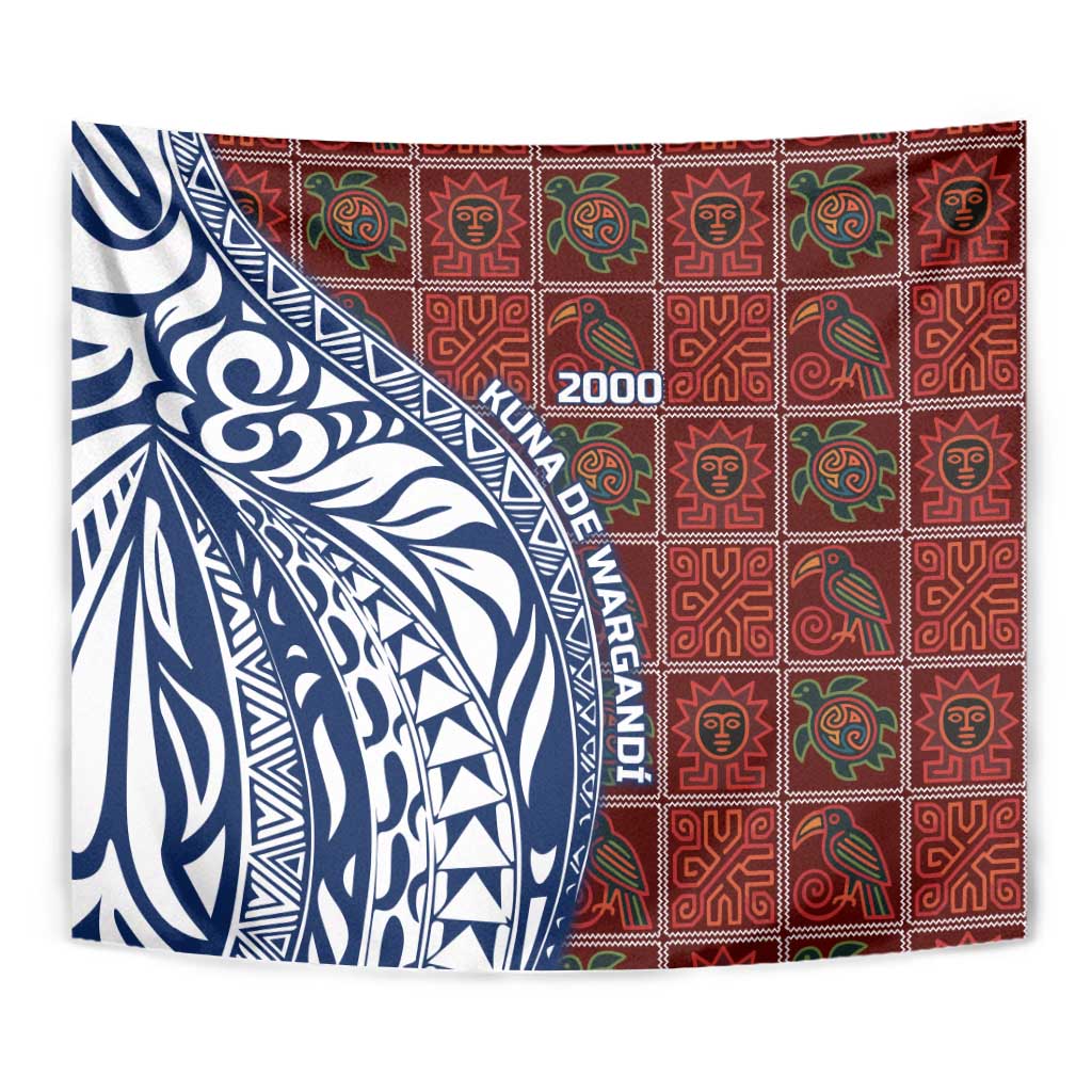 Indigenous Regions of Panama Guna de Wargandí Tapestry with Tribal Pattern and Blue White Nature and People - Wonder Print Shop