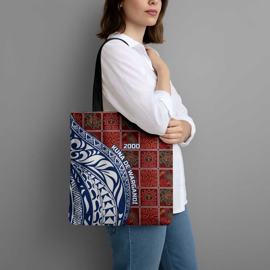 Indigenous Regions of Panama Guna de Wargandí Tote Bag with Tribal Pattern and Blue White Nature and People - Wonder Print Shop