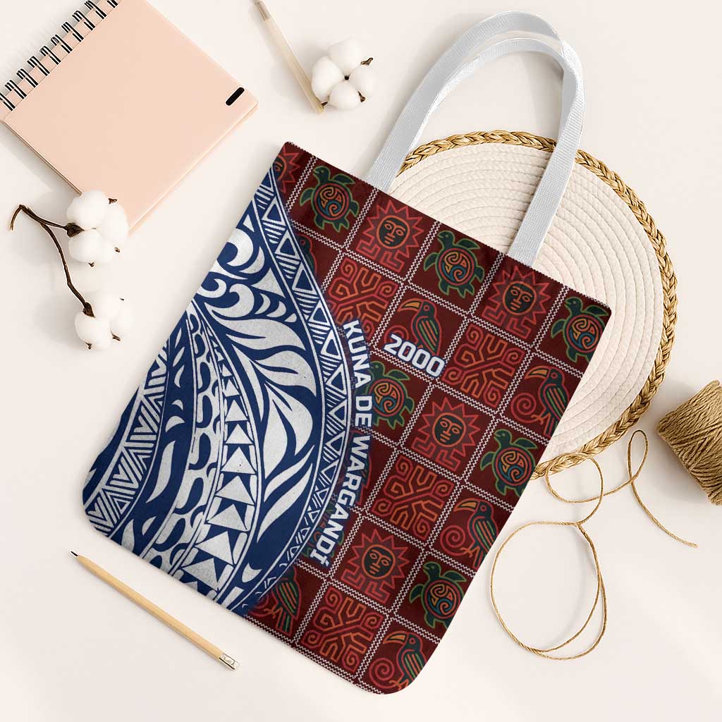 Indigenous Regions of Panama Guna de Wargandí Tote Bag with Tribal Pattern and Blue White Nature and People - Wonder Print Shop