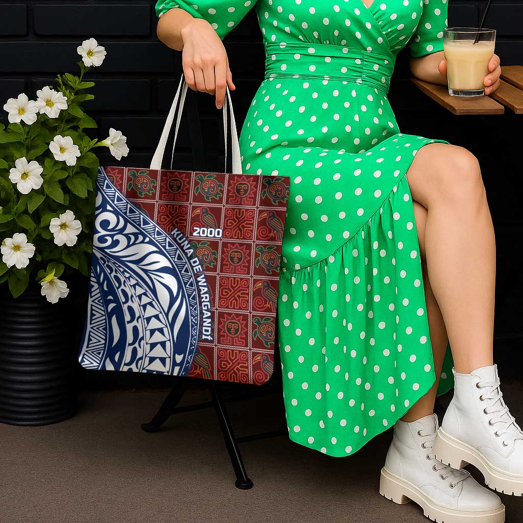 Indigenous Regions of Panama Guna de Wargandí Tote Bag with Tribal Pattern and Blue White Nature and People - Wonder Print Shop