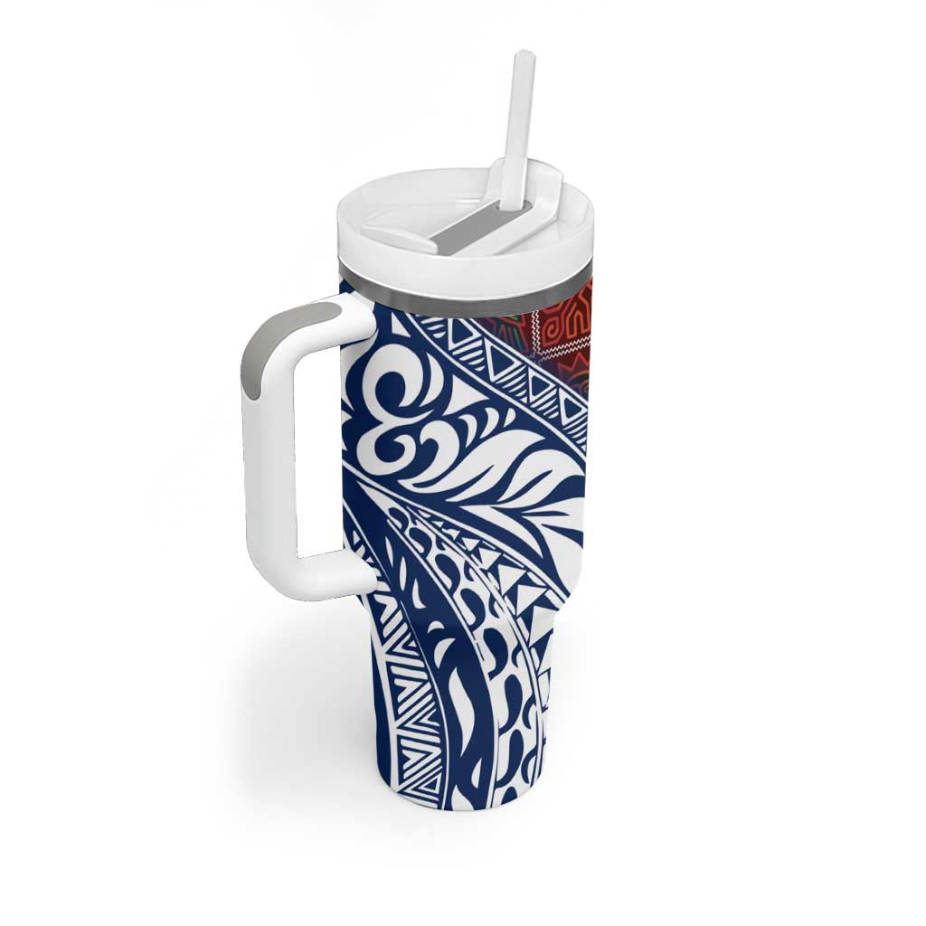 Indigenous Regions of Panama Guna de Wargandí Tumbler With Handle with Tribal Pattern and Blue White Nature and People - Wonder Print Shop