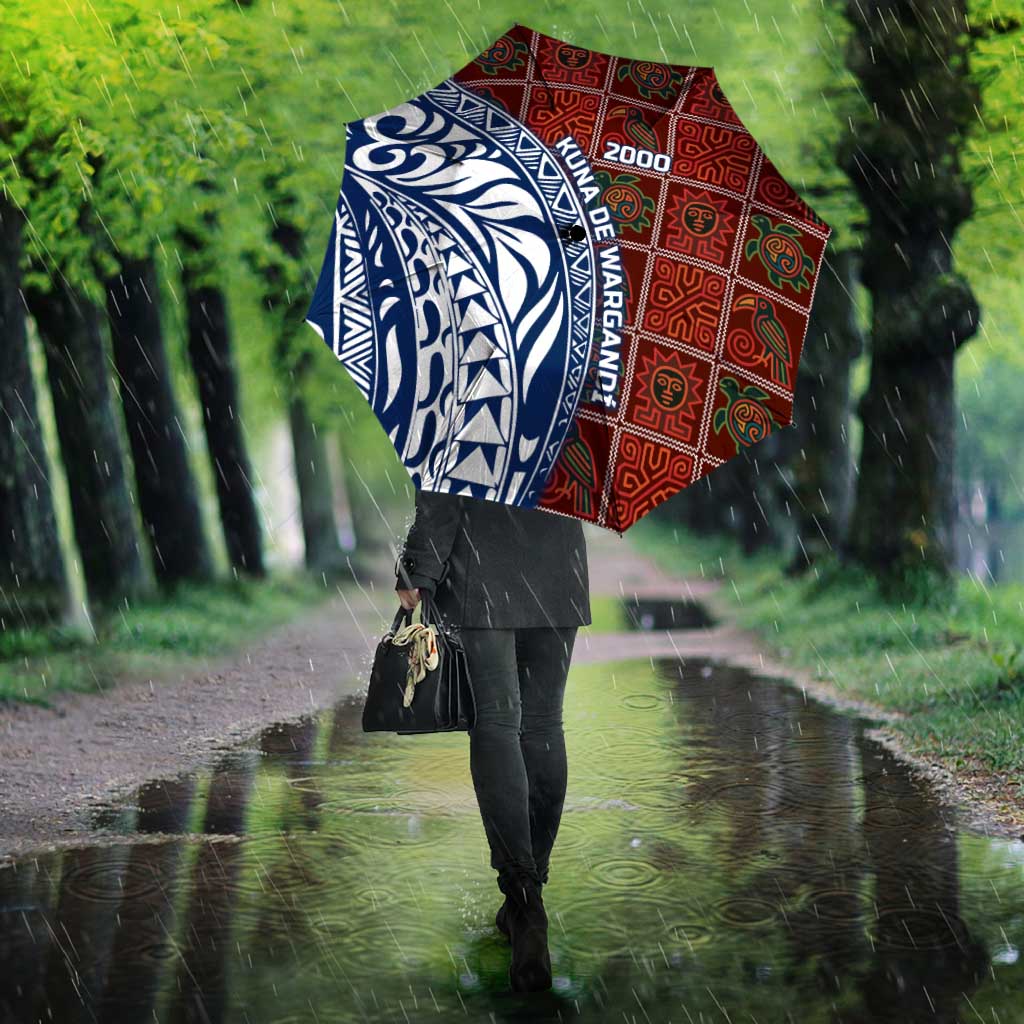 Indigenous Regions of Panama Guna de Wargandí Umbrella with Tribal Pattern and Blue White Nature and People - Wonder Print Shop