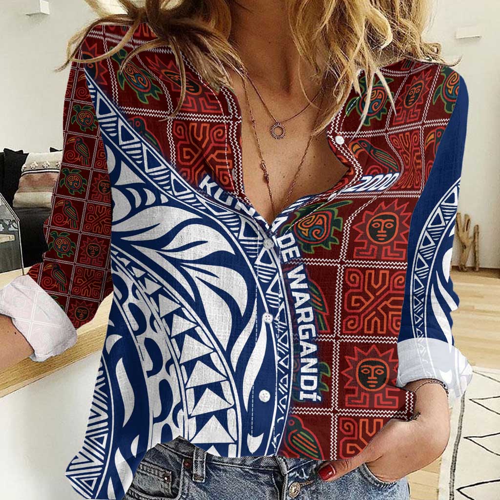 Indigenous Regions of Panama Guna de Wargandí Women Casual Shirt with Tribal Pattern and Blue White Nature and People - Wonder Print Shop