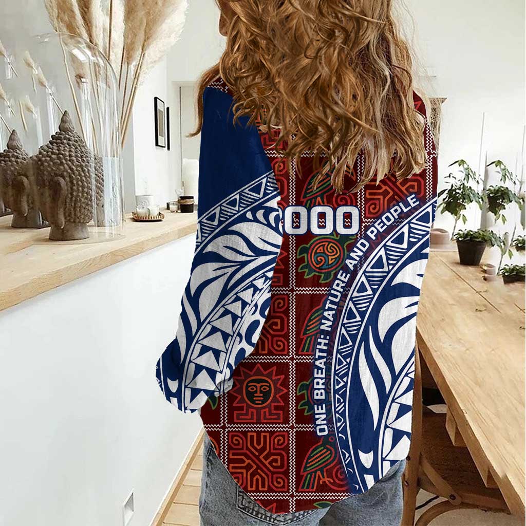 Indigenous Regions of Panama Guna de Wargandí Women Casual Shirt with Tribal Pattern and Blue White Nature and People - Wonder Print Shop