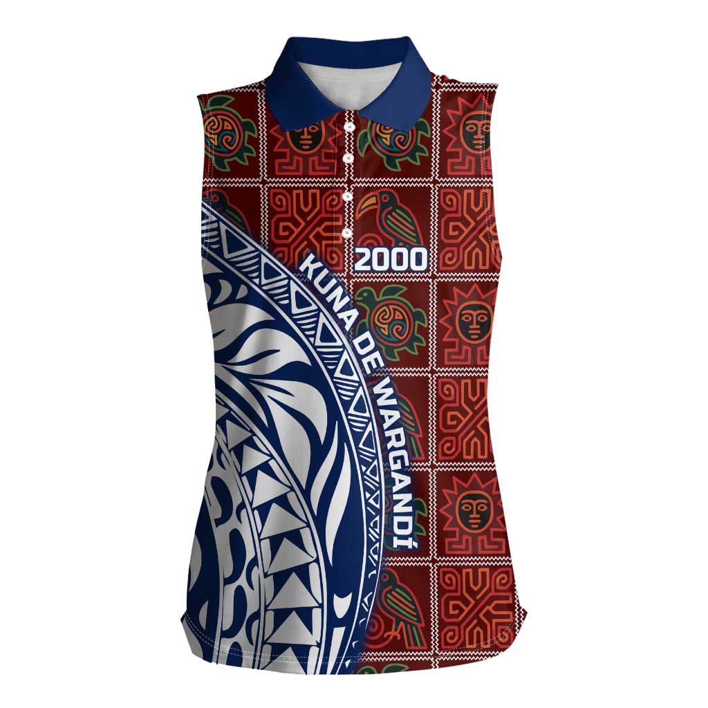 Indigenous Regions of Panama Guna de Wargandí Women Sleeveless Polo Shirt with Tribal Pattern and Blue White Nature and People - Wonder Print Shop