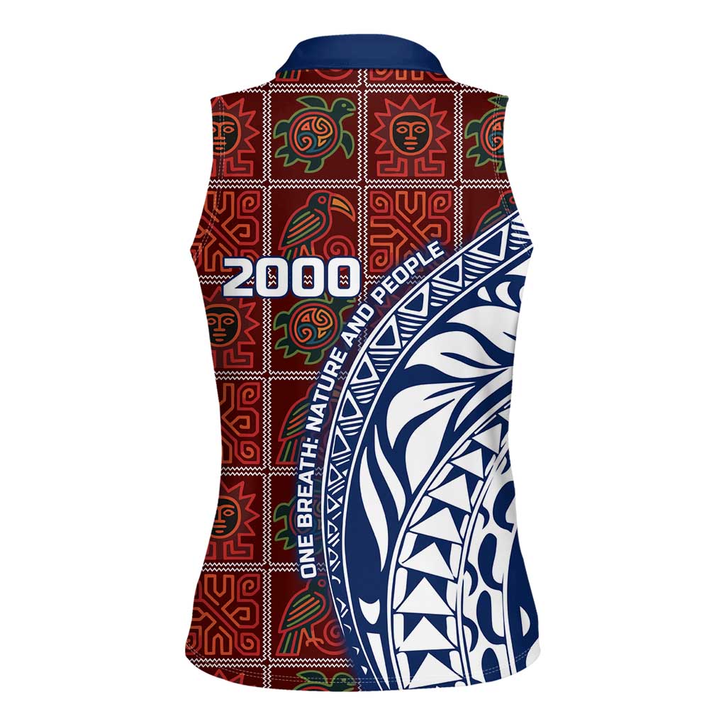 Indigenous Regions of Panama Guna de Wargandí Women Sleeveless Polo Shirt with Tribal Pattern and Blue White Nature and People - Wonder Print Shop