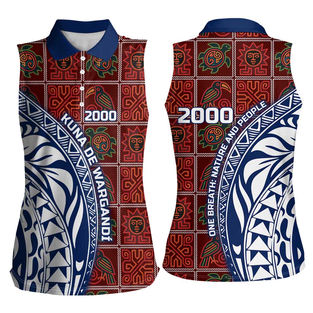 Indigenous Regions of Panama Guna de Wargandí Women Sleeveless Polo Shirt with Tribal Pattern and Blue White Nature and People - Wonder Print Shop