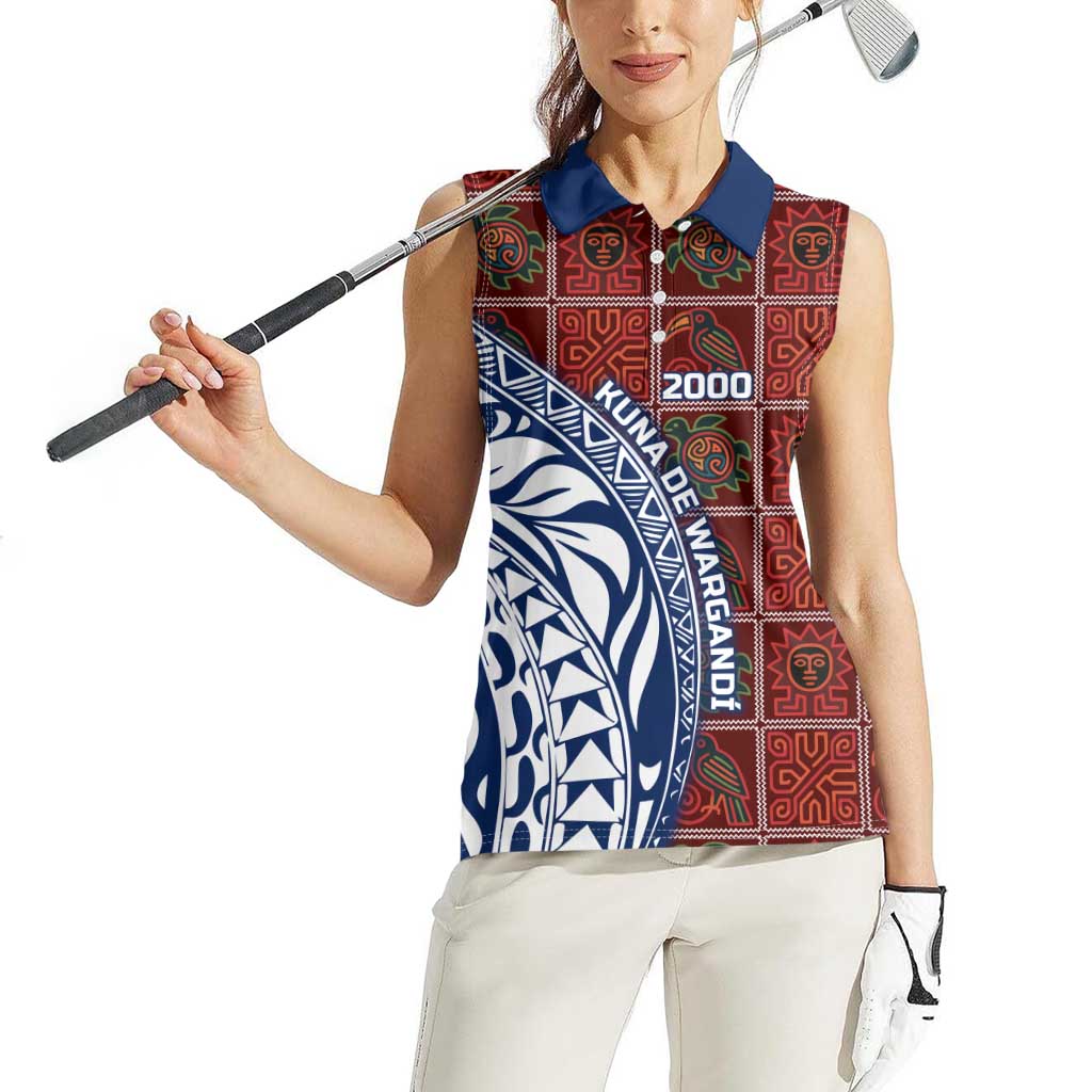 Indigenous Regions of Panama Guna de Wargandí Women Sleeveless Polo Shirt with Tribal Pattern and Blue White Nature and People - Wonder Print Shop