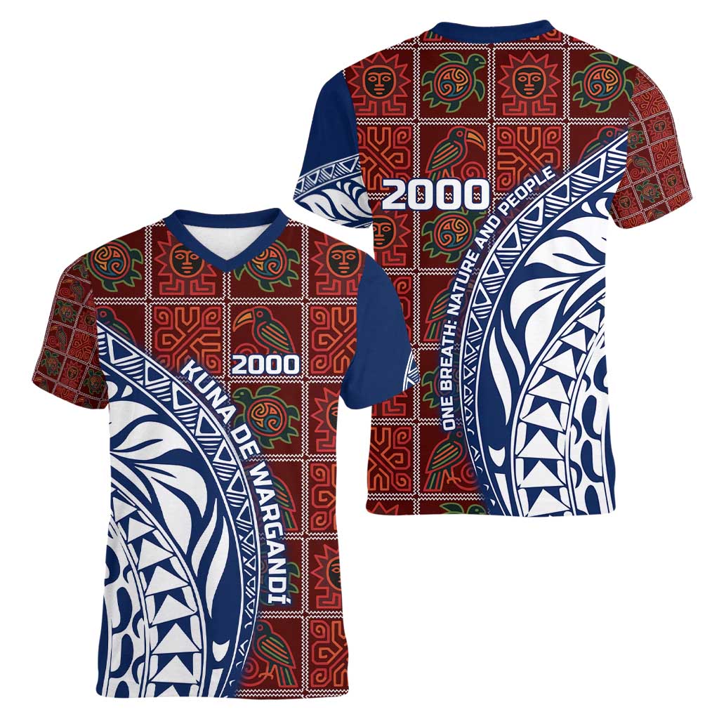 Indigenous Regions of Panama Guna de Wargandí Women V-Neck T-Shirt with Tribal Pattern and Blue White Nature and People - Wonder Print Shop