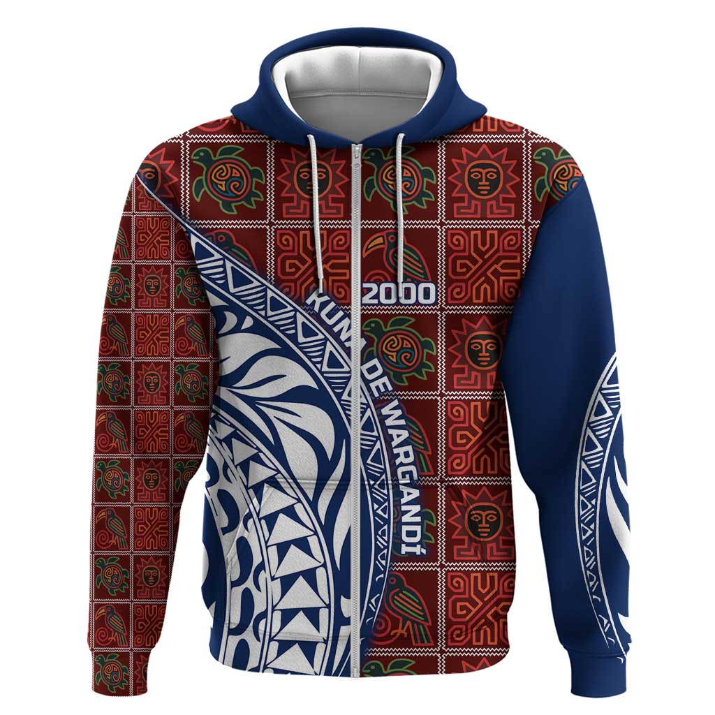 Indigenous Regions of Panama Guna de Wargandí Zip Hoodie with Tribal Pattern and Blue White Nature and People - Wonder Print Shop