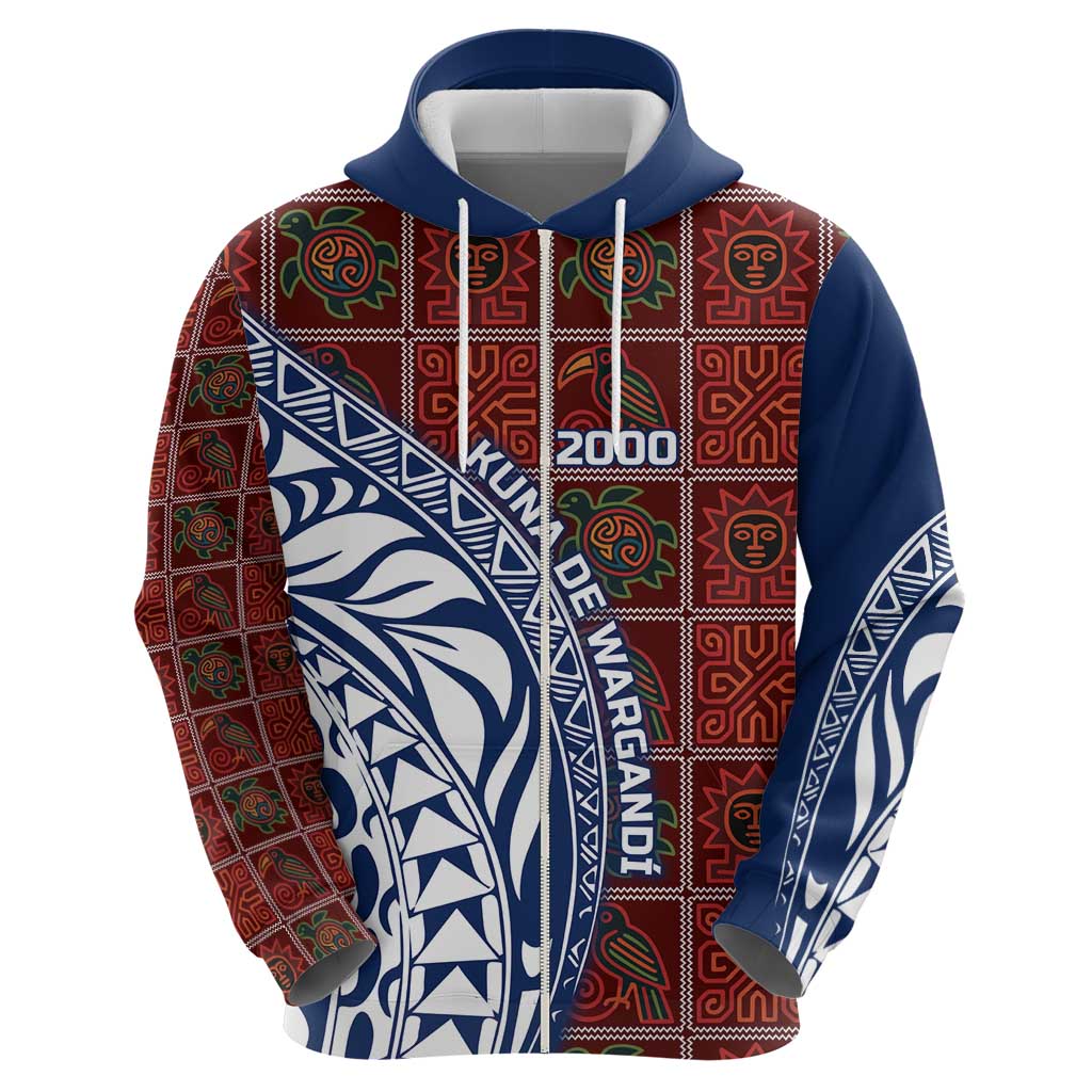 Indigenous Regions of Panama Guna de Wargandí Zip Hoodie with Tribal Pattern and Blue White Nature and People - Wonder Print Shop