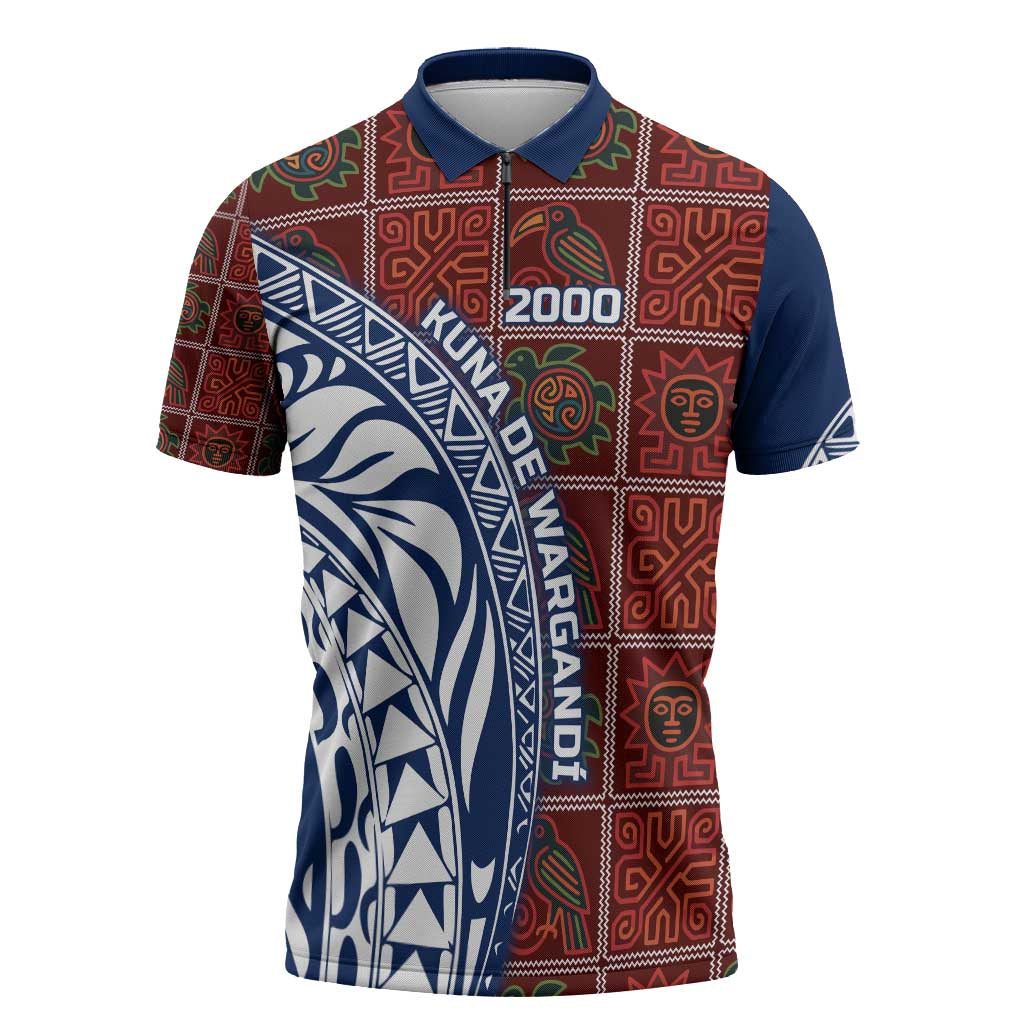 Indigenous Regions of Panama Guna de Wargandí Zipper Polo Shirt with Tribal Pattern and Blue White Nature and People - Wonder Print Shop