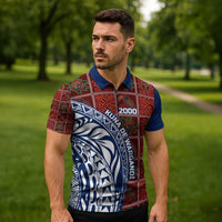 Indigenous Regions of Panama Guna de Wargandí Zipper Polo Shirt with Tribal Pattern and Blue White Nature and People - Wonder Print Shop