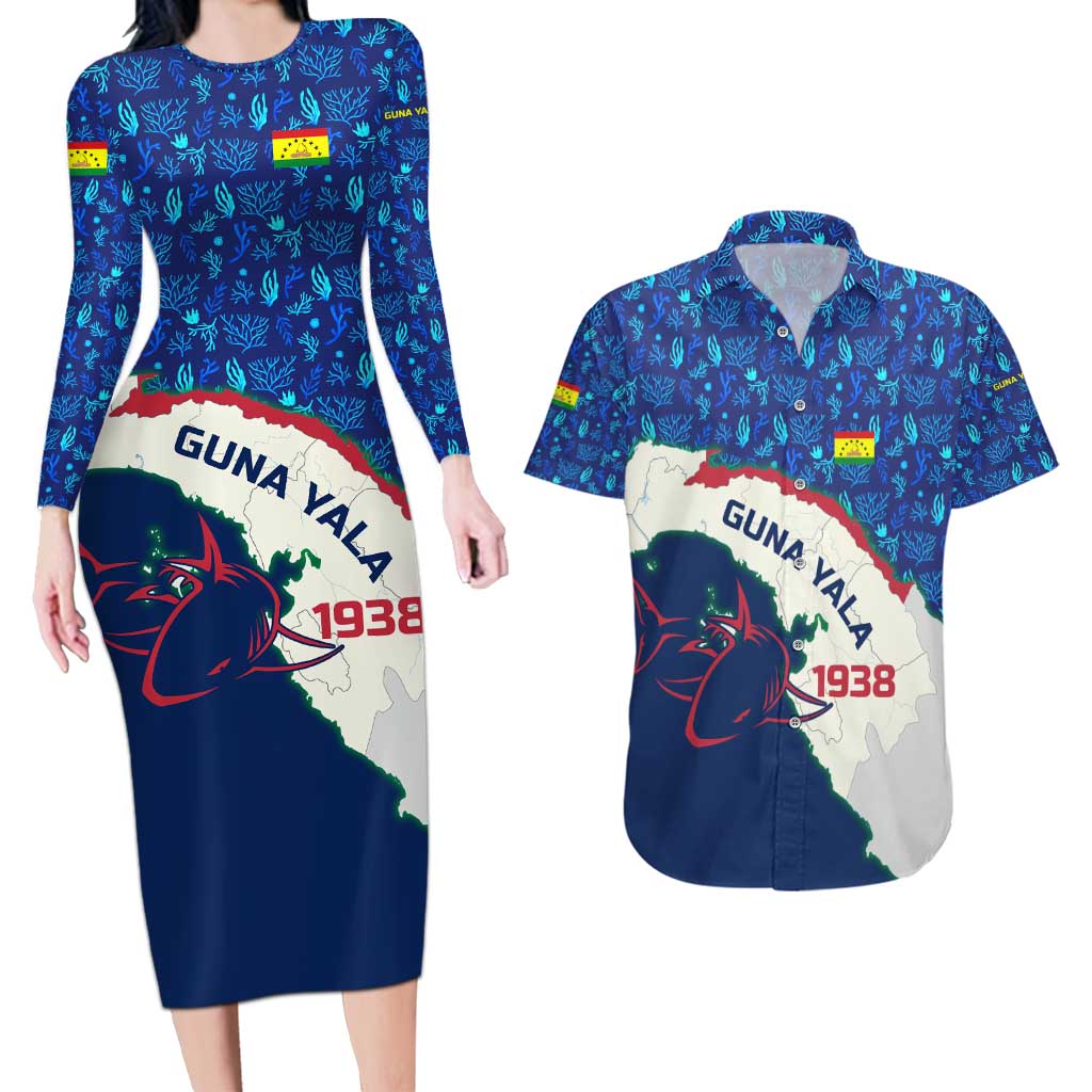 Indigenous Regions of Panama Guna Yala Couples Matching Long Sleeve Bodycon Dress and Hawaiian Shirt with Regional Map Lobster Graphic and Coral Pattern 1938 - Wonder Print Shop