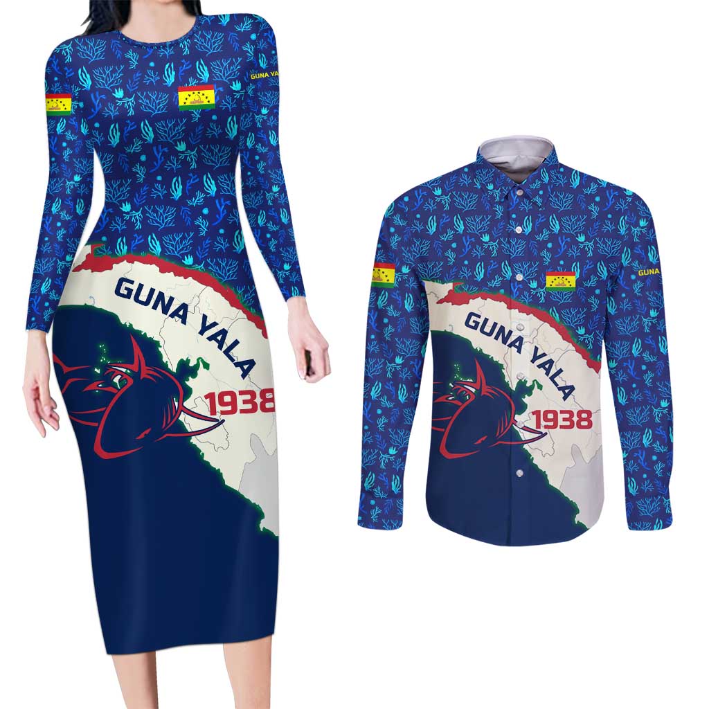 Indigenous Regions of Panama Guna Yala Couples Matching Long Sleeve Bodycon Dress and Long Sleeve Button Shirt with Regional Map Lobster Graphic and Coral Pattern 1938 - Wonder Print Shop