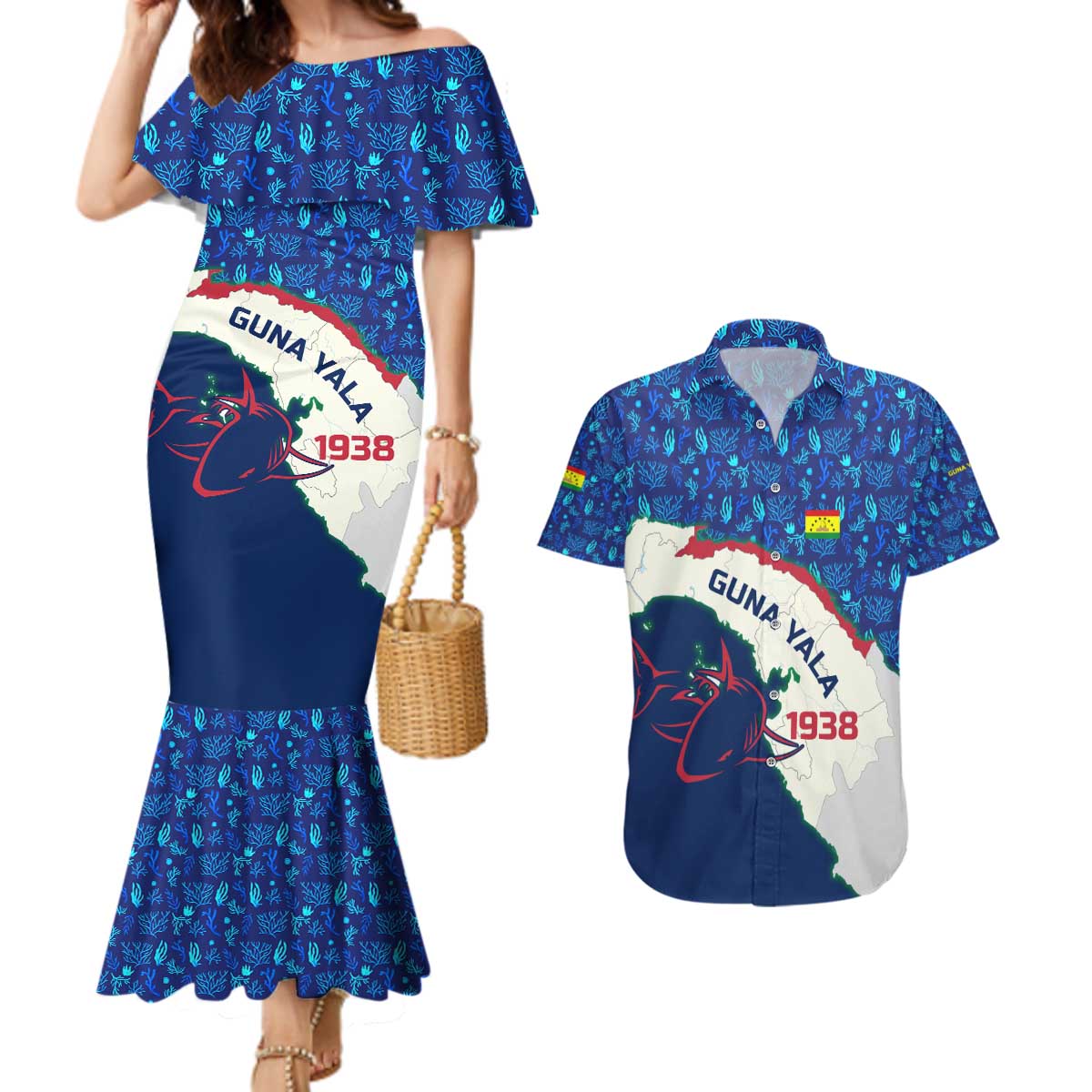 Indigenous Regions of Panama Guna Yala Couples Matching Mermaid Dress and Hawaiian Shirt with Regional Map Lobster Graphic and Coral Pattern 1938 - Wonder Print Shop