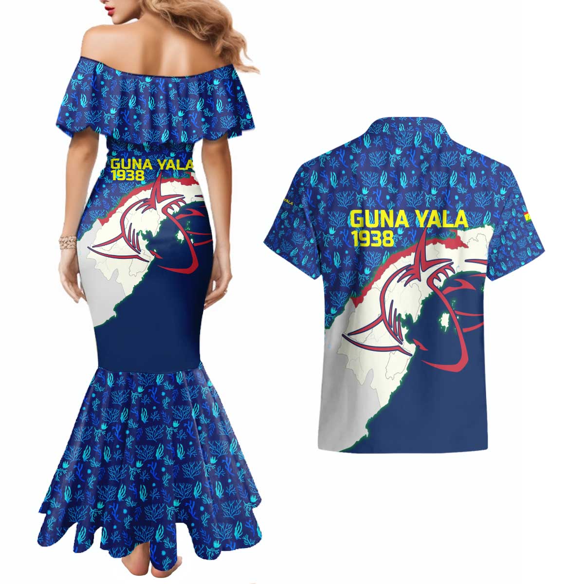 Indigenous Regions of Panama Guna Yala Couples Matching Mermaid Dress and Hawaiian Shirt with Regional Map Lobster Graphic and Coral Pattern 1938 - Wonder Print Shop