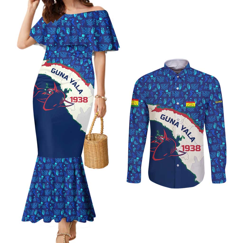 Indigenous Regions of Panama Guna Yala Couples Matching Mermaid Dress and Long Sleeve Button Shirt with Regional Map Lobster Graphic and Coral Pattern 1938 - Wonder Print Shop