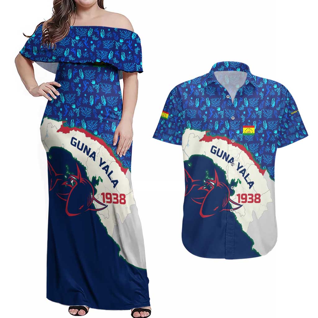 Indigenous Regions of Panama Guna Yala Couples Matching Off Shoulder Maxi Dress and Hawaiian Shirt with Regional Map Lobster Graphic and Coral Pattern 1938 - Wonder Print Shop