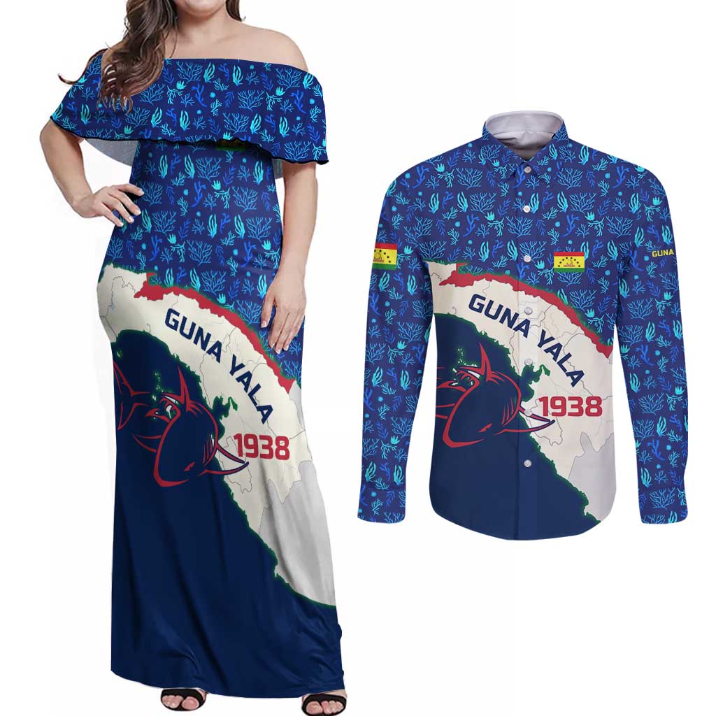 Indigenous Regions of Panama Guna Yala Couples Matching Off Shoulder Maxi Dress and Long Sleeve Button Shirt with Regional Map Lobster Graphic and Coral Pattern 1938 - Wonder Print Shop