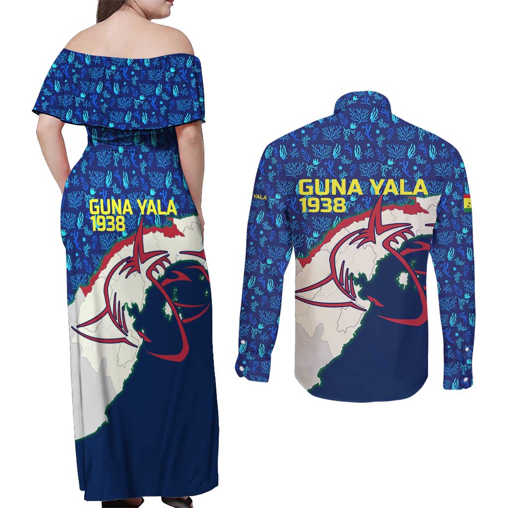 Indigenous Regions of Panama Guna Yala Couples Matching Off Shoulder Maxi Dress and Long Sleeve Button Shirt with Regional Map Lobster Graphic and Coral Pattern 1938 - Wonder Print Shop
