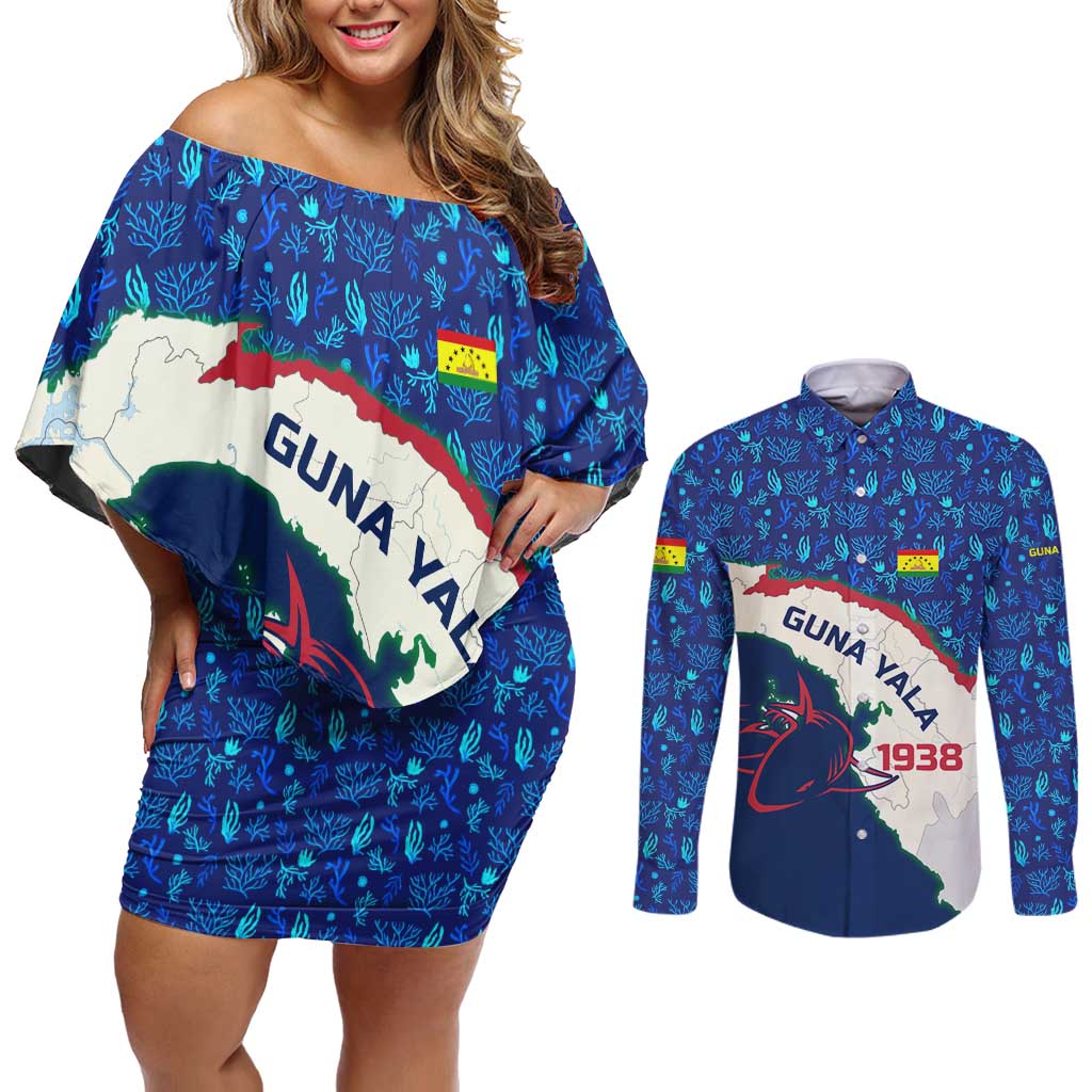 Indigenous Regions of Panama Guna Yala Couples Matching Off Shoulder Short Dress and Long Sleeve Button Shirt with Regional Map Lobster Graphic and Coral Pattern 1938 - Wonder Print Shop